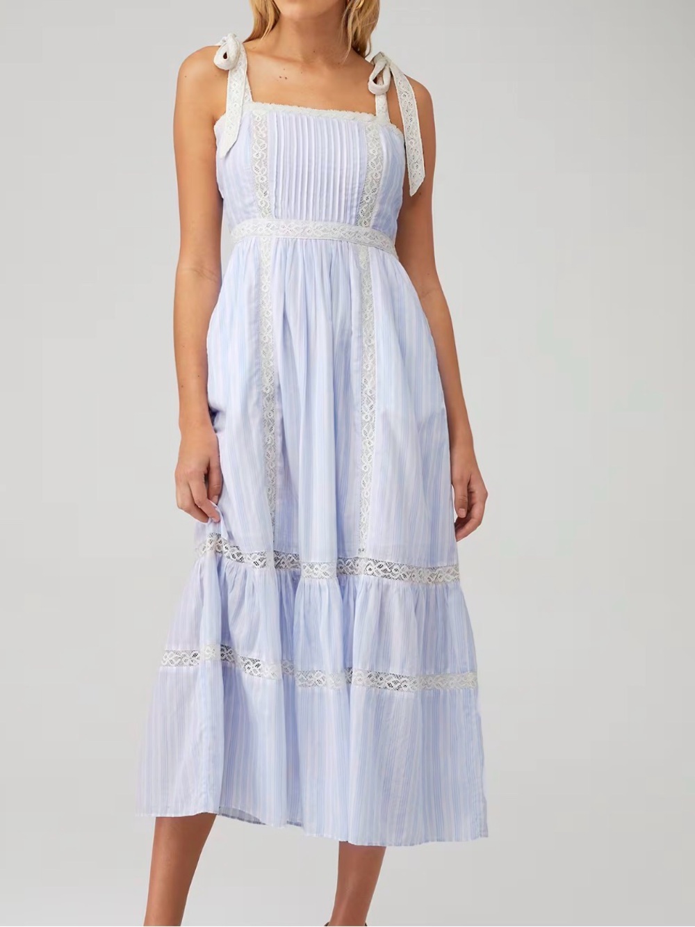 LoveShackFancy Ayala Light Blue and White Lace Midi Dress